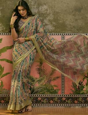 multicolour linen cotton blend digital printed chevron saree 3