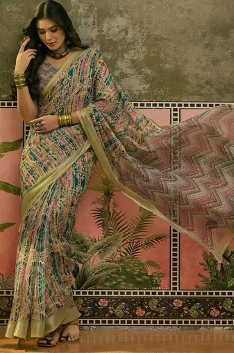 multicolour linen cotton blend digital printed chevron saree