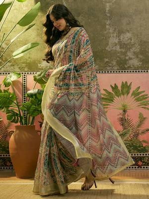 multicolour linen cotton blend digital printed chevron saree 4