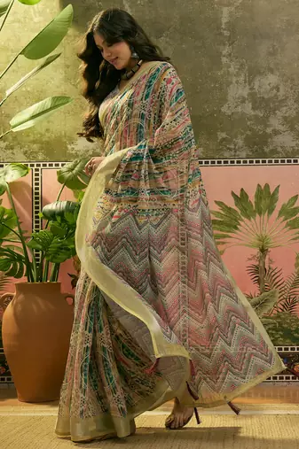 multicolour linen cotton blend digital printed chevron saree