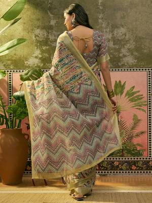 multicolour linen cotton blend digital printed chevron saree 5