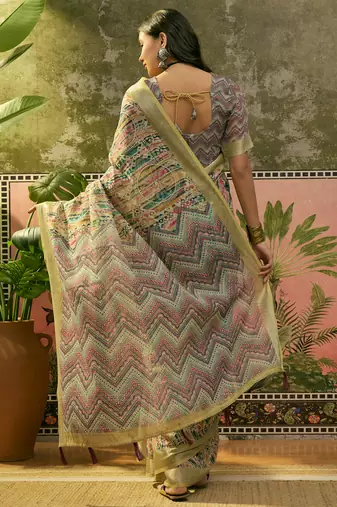 multicolour linen cotton blend digital printed chevron saree