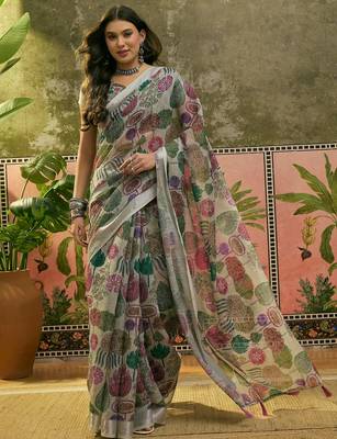 beige linen cotton blend digital printed floral saree 1