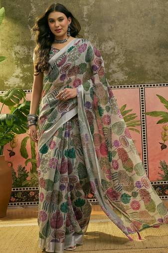 beige linen cotton blend digital printed floral saree