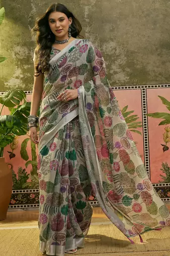 beige linen cotton blend digital printed floral saree