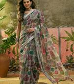 beige linen cotton blend digital printed floral saree