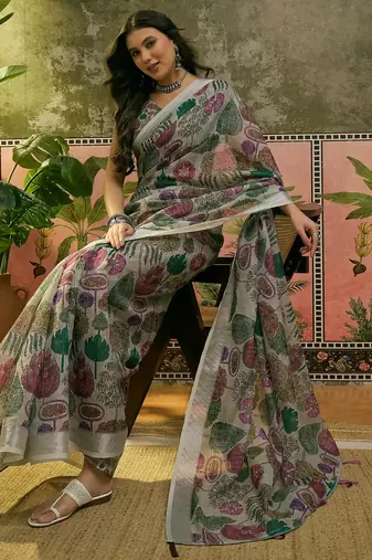 beige linen cotton blend digital printed floral saree