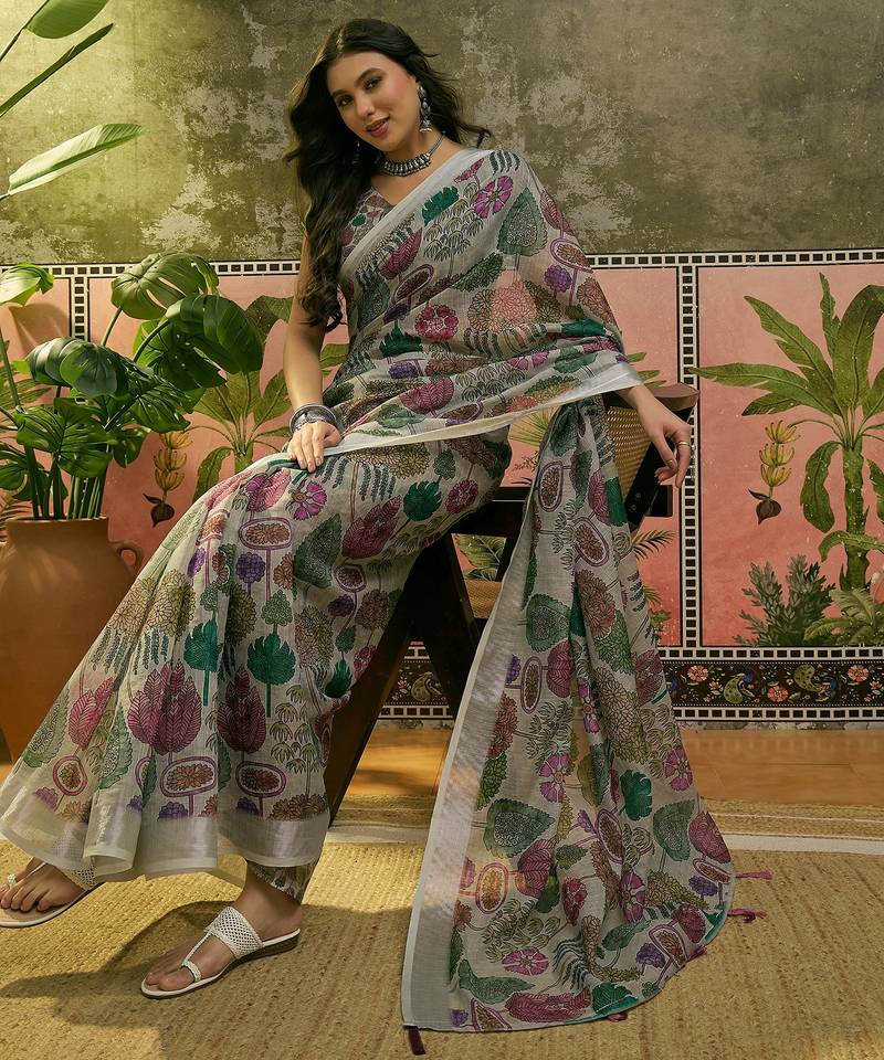 beige linen cotton blend digital printed floral saree