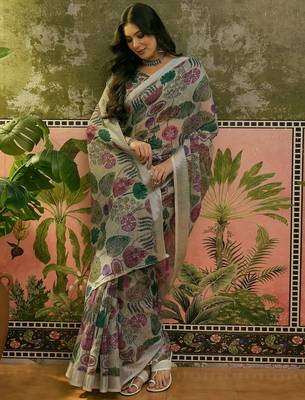 beige linen cotton blend digital printed floral saree 3