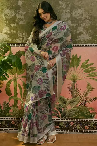 beige linen cotton blend digital printed floral saree