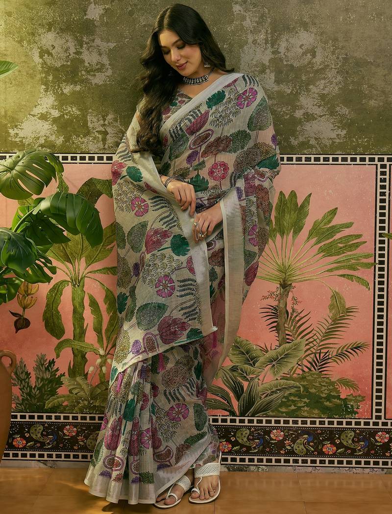 beige linen cotton blend digital printed floral saree