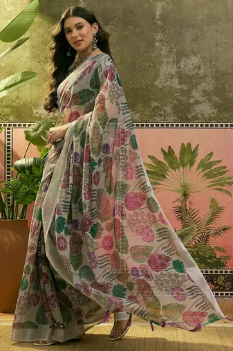 beige linen cotton blend digital printed floral saree