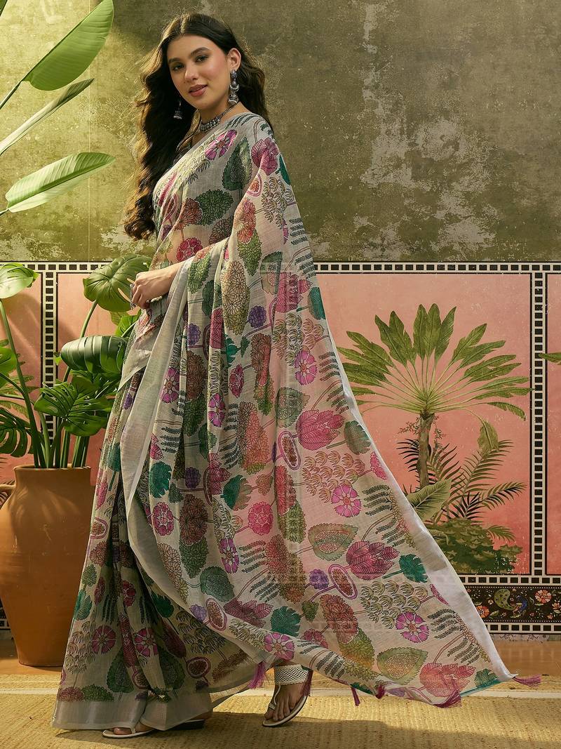 beige linen cotton blend digital printed floral saree