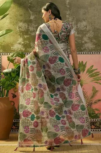 beige linen cotton blend digital printed floral saree