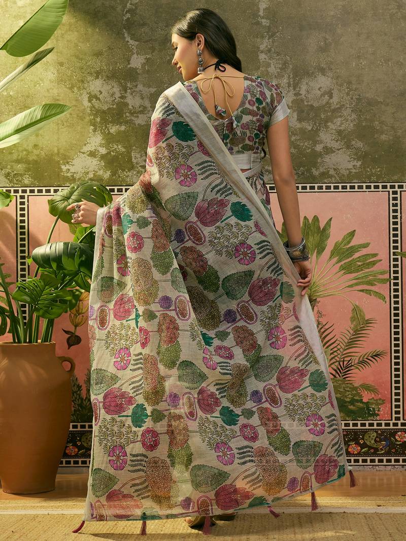 beige linen cotton blend digital printed floral saree