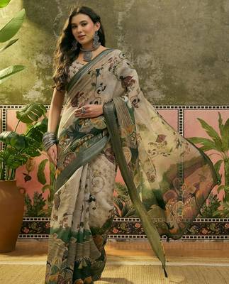 beige green linen cotton blend digital printed kalamkari saree 1