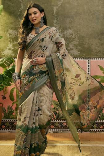 beige green linen cotton blend digital printed kalamkari saree