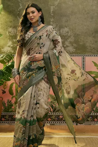 beige green linen cotton blend digital printed kalamkari saree