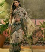 beige green linen cotton blend digital printed kalamkari saree
