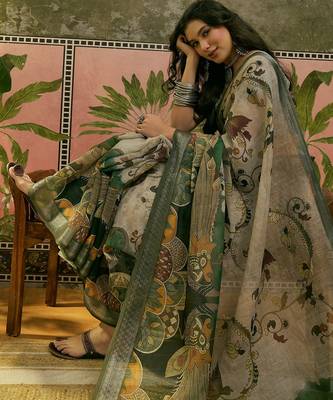 beige green linen cotton blend digital printed kalamkari saree 2