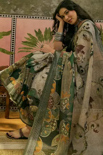 beige green linen cotton blend digital printed kalamkari saree