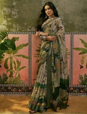 beige green linen cotton blend digital printed kalamkari saree 3