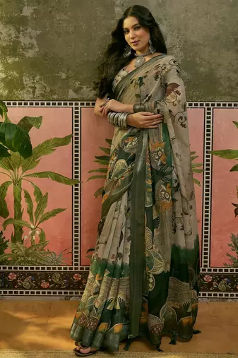 beige green linen cotton blend digital printed kalamkari saree