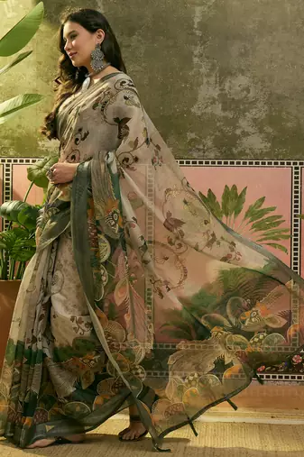 beige green linen cotton blend digital printed kalamkari saree