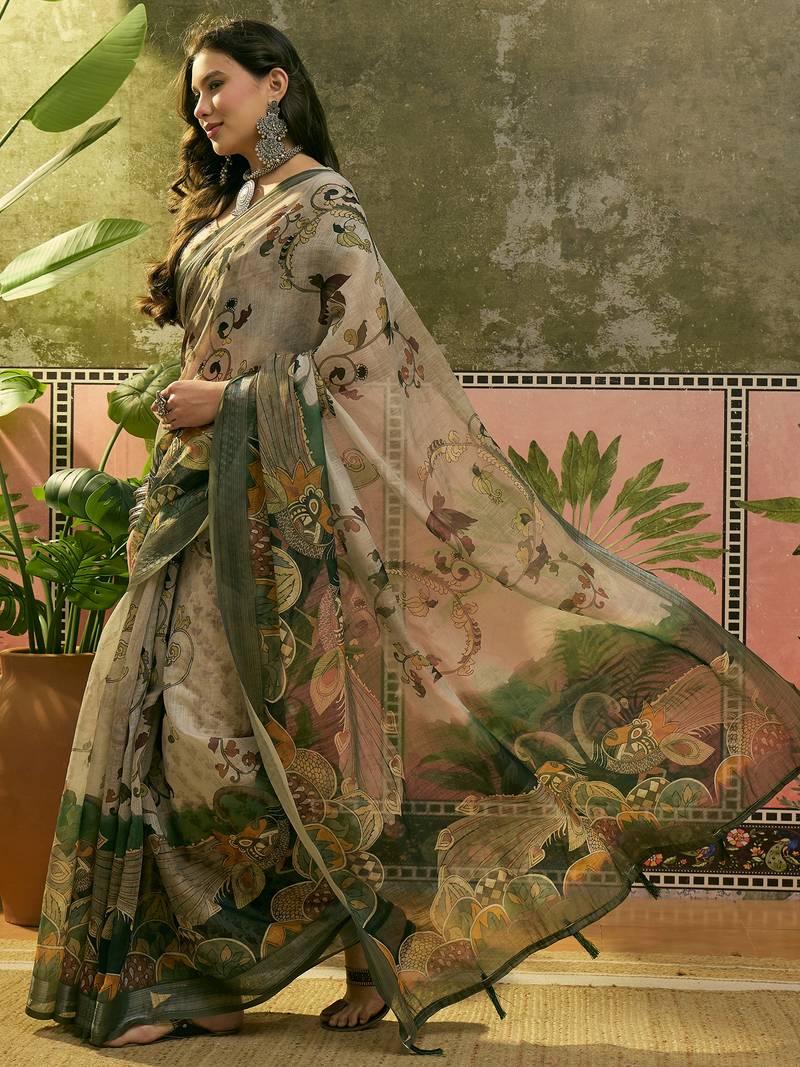 beige green linen cotton blend digital printed kalamkari saree