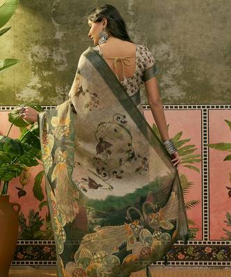 beige green linen cotton blend digital printed kalamkari saree 5