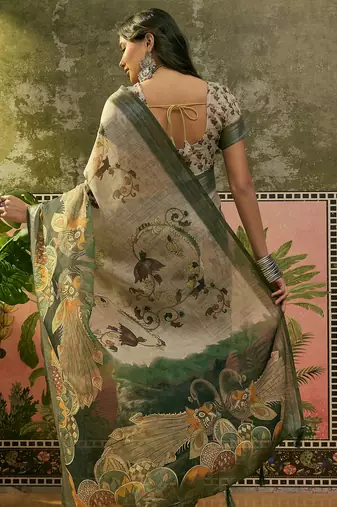beige green linen cotton blend digital printed kalamkari saree