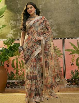 brown beige linen cotton blend abstract digital printed saree 1