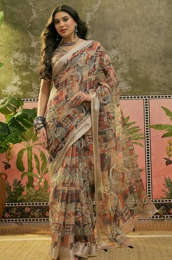 brown beige linen cotton blend abstract digital printed saree