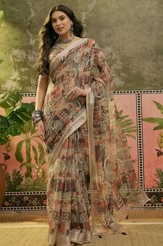 brown beige linen cotton blend abstract digital printed saree