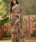 brown beige linen cotton blend abstract digital printed saree