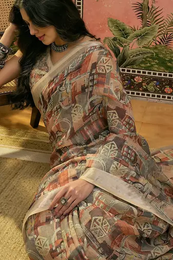 brown beige linen cotton blend abstract digital printed saree