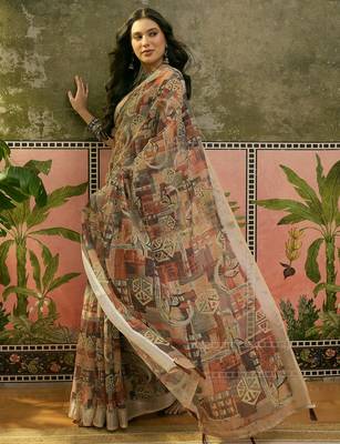 brown beige linen cotton blend abstract digital printed saree 3