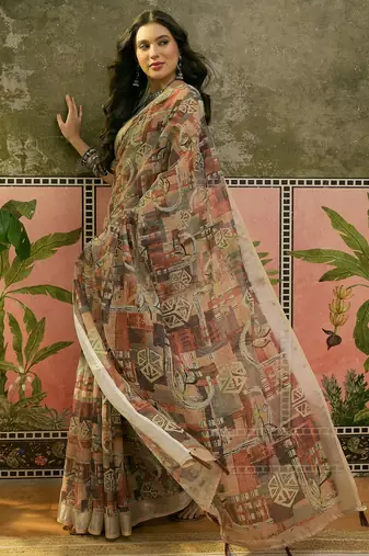 brown beige linen cotton blend abstract digital printed saree