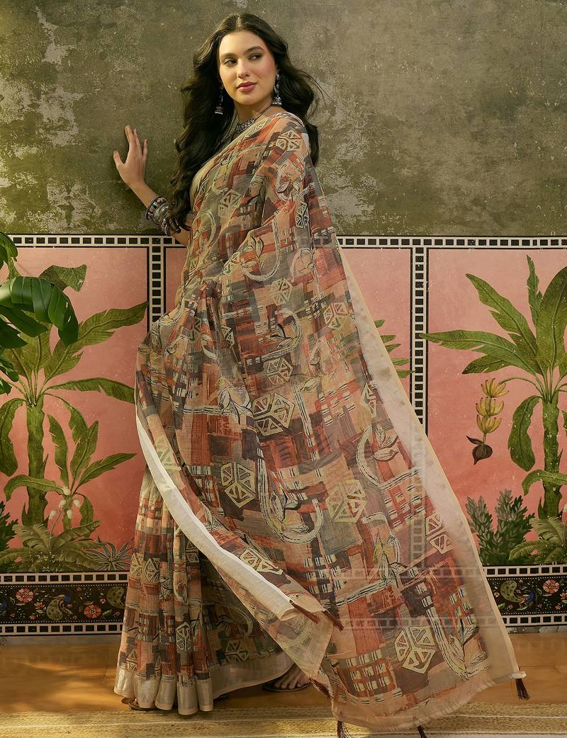 brown beige linen cotton blend abstract digital printed saree