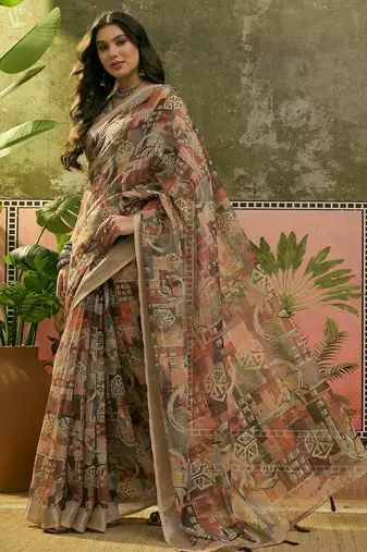 brown beige linen cotton blend abstract digital printed saree