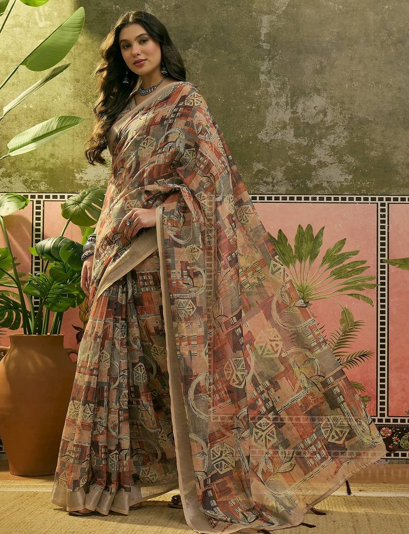 brown beige linen cotton blend abstract digital printed saree