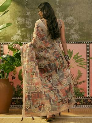 brown beige linen cotton blend abstract digital printed saree 5