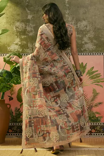 brown beige linen cotton blend abstract digital printed saree