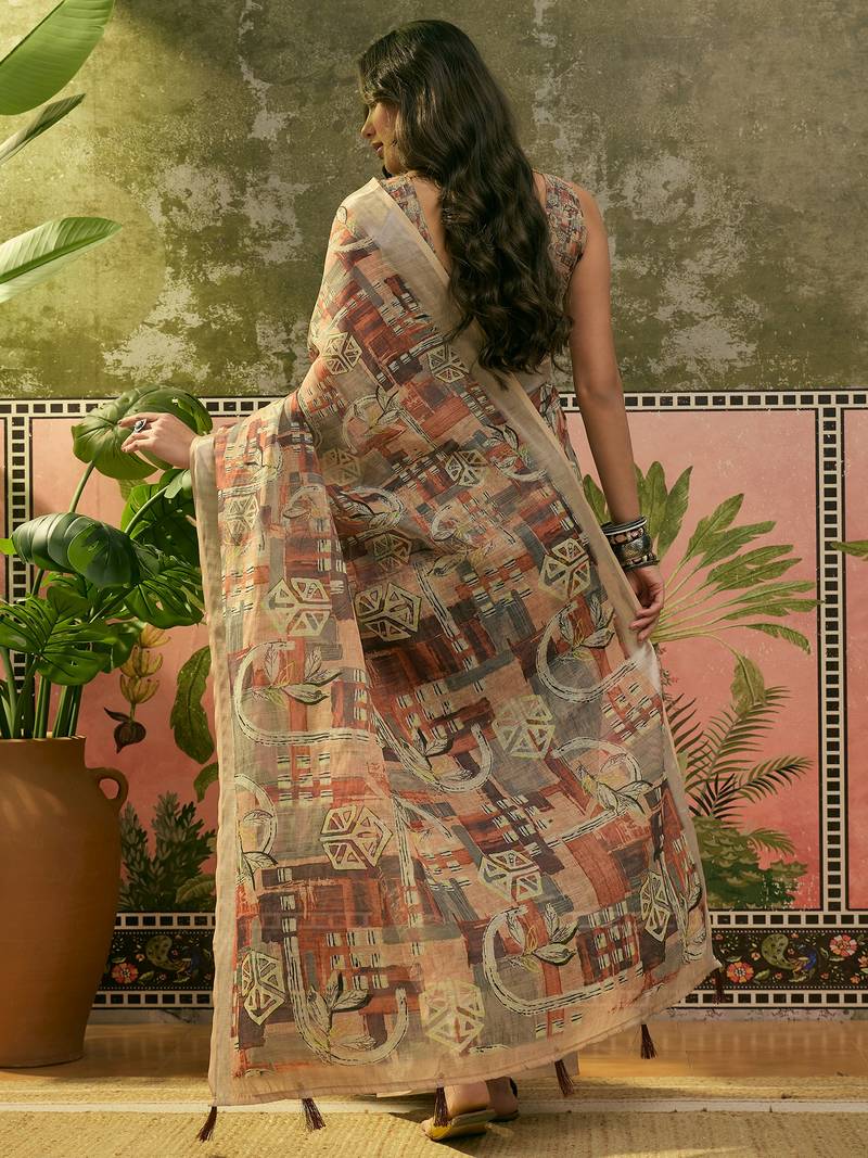 brown beige linen cotton blend abstract digital printed saree