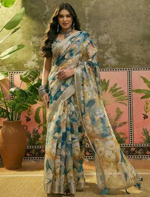 blue beige linen cotton blend floral digital printed saree 1