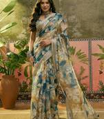 blue beige linen cotton blend floral digital printed saree