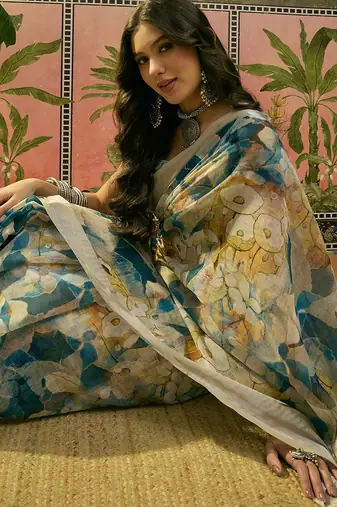 blue beige linen cotton blend floral digital printed saree