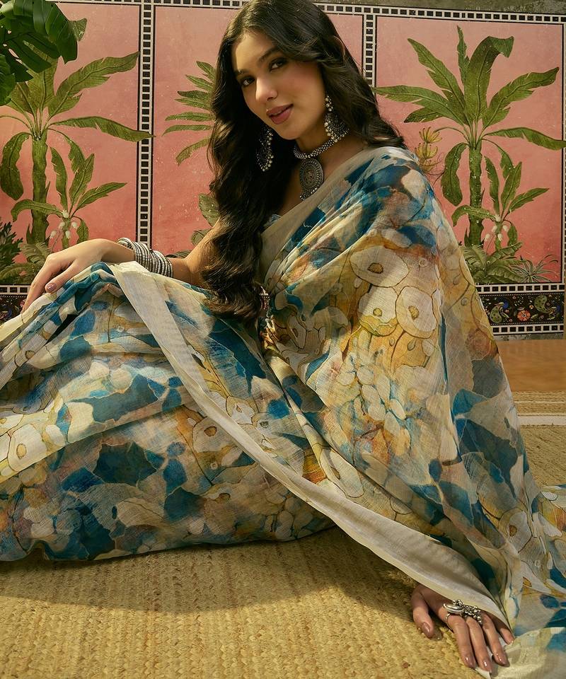 blue beige linen cotton blend floral digital printed saree