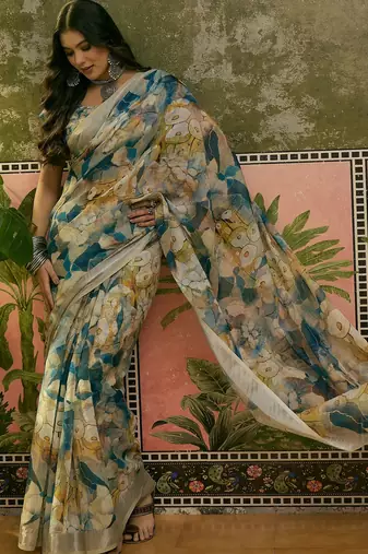 blue beige linen cotton blend floral digital printed saree