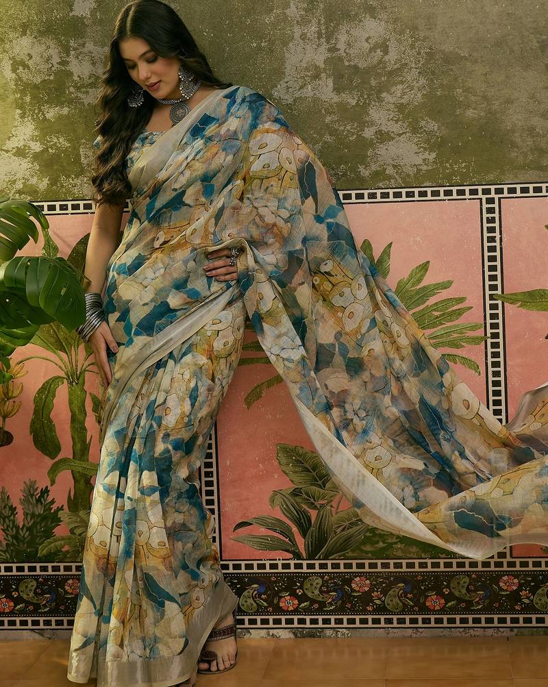 blue beige linen cotton blend floral digital printed saree
